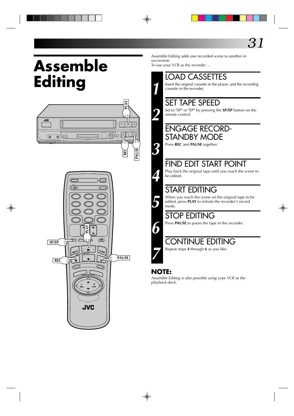 Assemble editing, Load cassettes, Set tape speed | Engage record- standby mode, Find edit start point, Start editing, Stop editing, Continue editing | JVC HR-J430U User Manual | Page 31 / 44