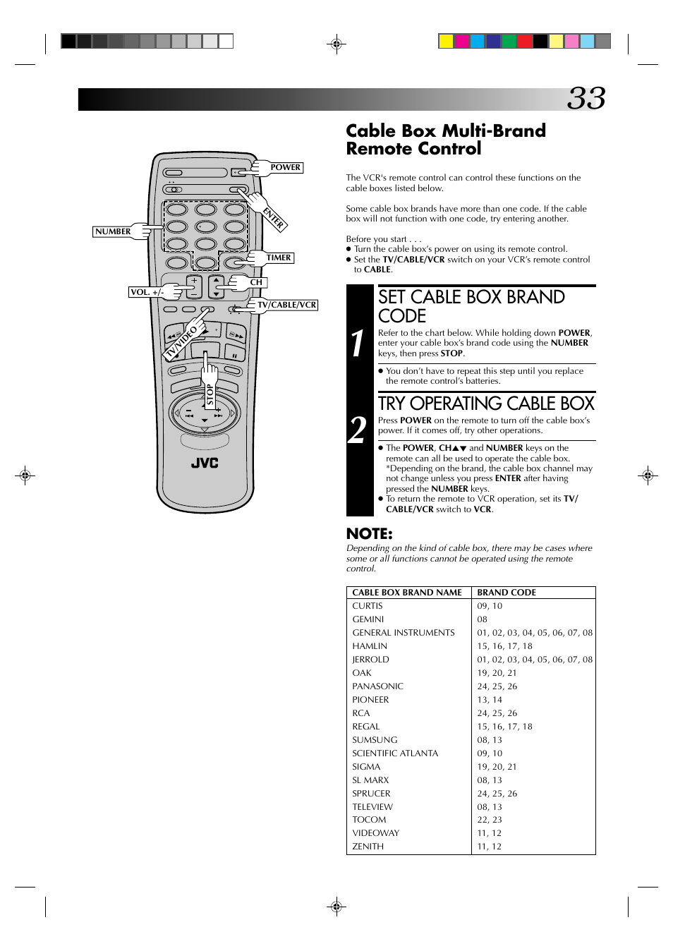 Set cable box brand code, Try operating cable box, Cable box multi-brand remote control | JVC HR-J430U User Manual | Page 33 / 44