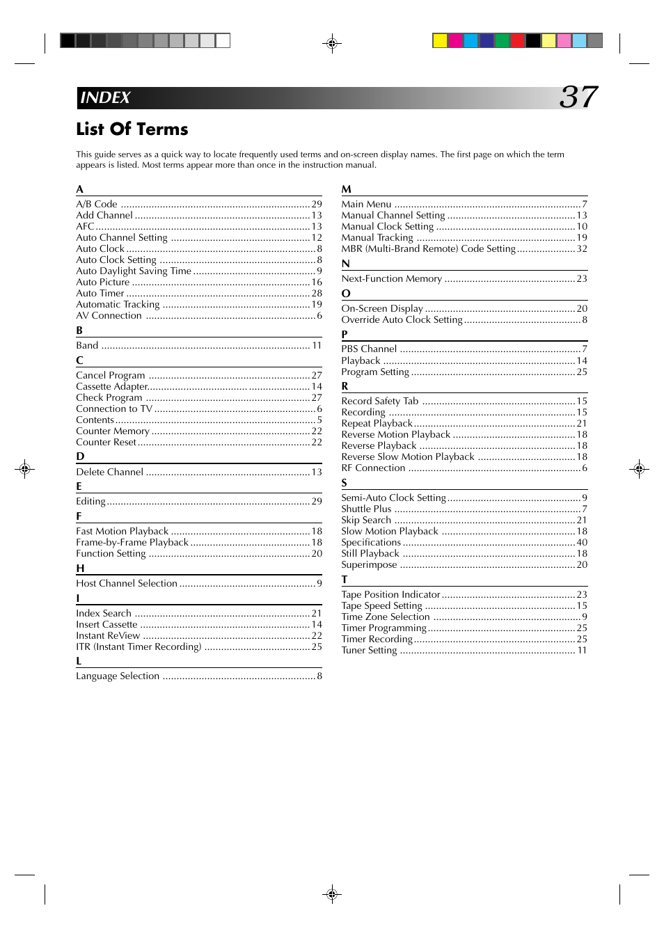 Index list of terms | JVC HR-J430U User Manual | Page 37 / 44
