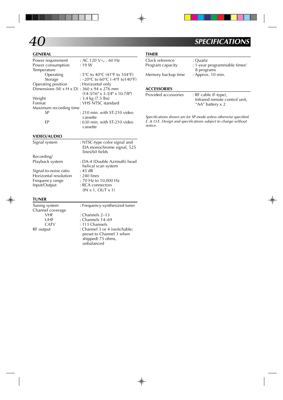 Specifications | JVC HR-J430U User Manual | Page 40 / 44