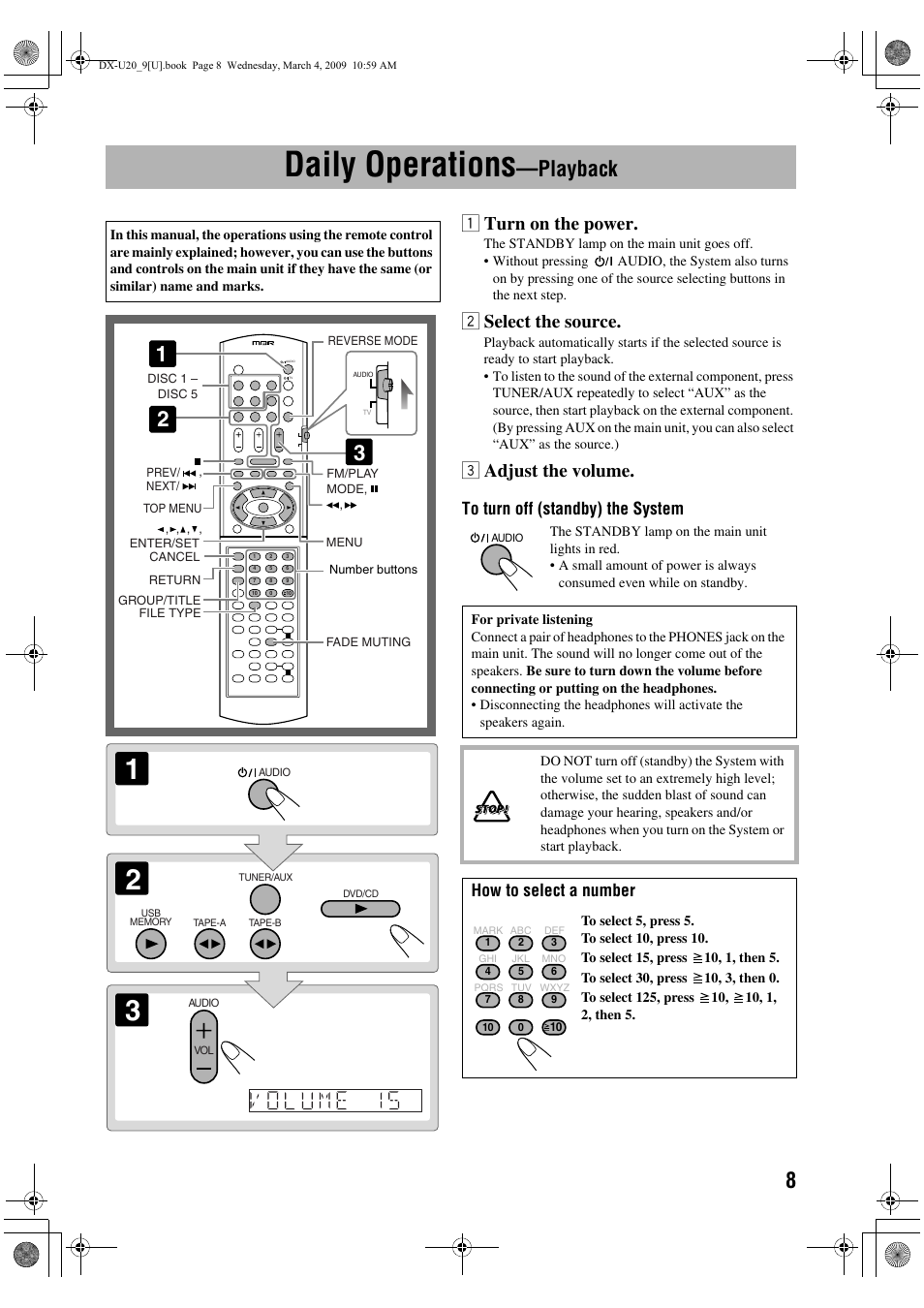 Daily operations—playback, Daily operations, Playback | 1turn on the power, 2select the source, 3adjust the volume, How to select a number | JVC CA-DXU20 User Manual | Page 11 / 60