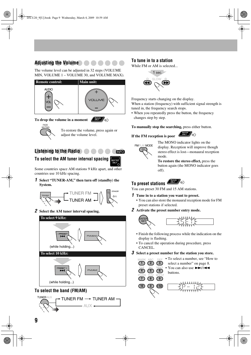 Adjusting the volume, Listening to the radio | JVC CA-DXU20 User Manual | Page 12 / 60