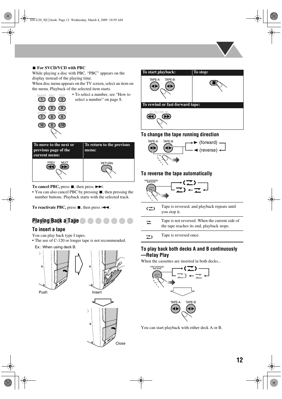 Playing back a tape, 3 (forward) 2 (reverse) | JVC CA-DXU20 User Manual | Page 15 / 60