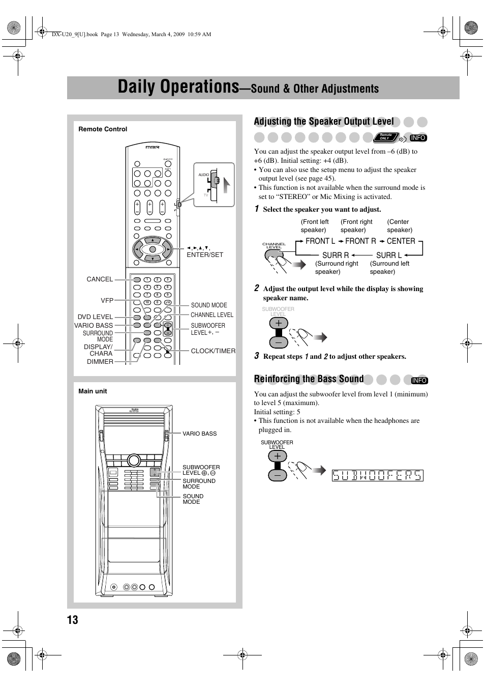 Daily operations—sound & other adjustments, Daily operations, Sound & other adjustments | Adjusting the speaker output level, Reinforcing the bass sound, Front l front r surr r surr l center | JVC CA-DXU20 User Manual | Page 16 / 60