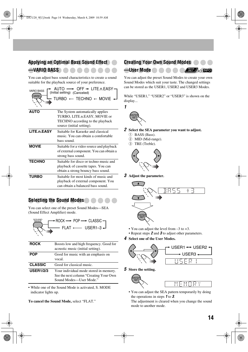 Applying an optimal bass sound effect —vario bass, Selecting the sound modes, Creating your own sound modes —user mode | JVC CA-DXU20 User Manual | Page 17 / 60