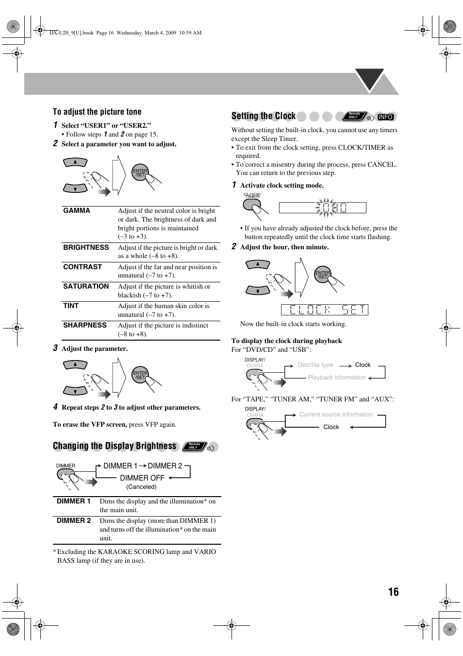 Changing the display brightness, Setting the clock | JVC CA-DXU20 User Manual | Page 19 / 60