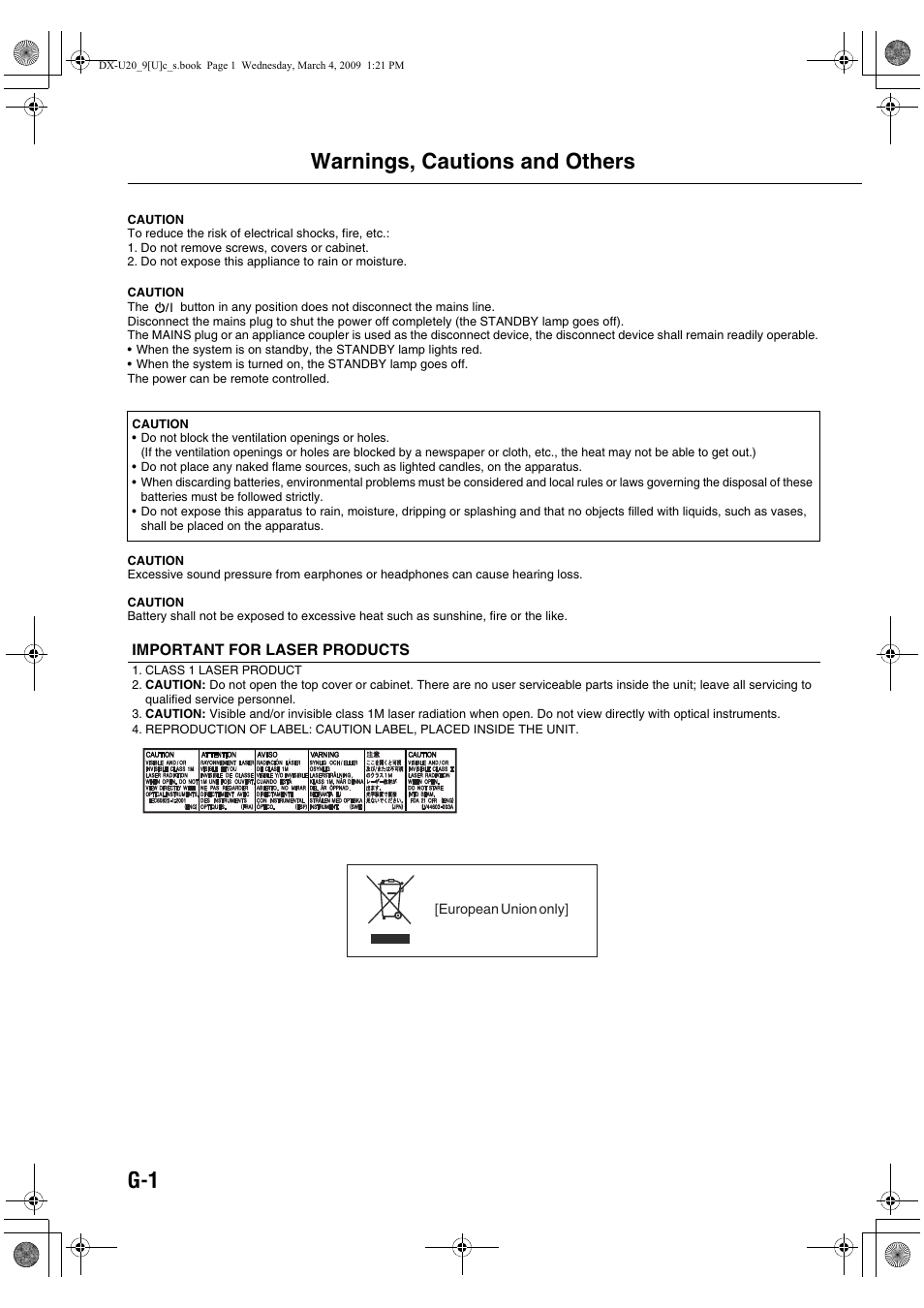 Warnings, cautions and others, G-1 warnings, cautions and others | JVC CA-DXU20 User Manual | Page 2 / 60