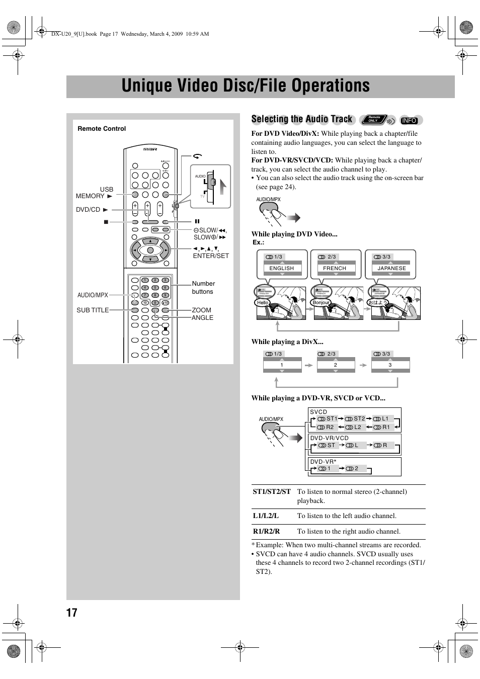 Unique video disc/file operations, Selecting the audio track | JVC CA-DXU20 User Manual | Page 20 / 60