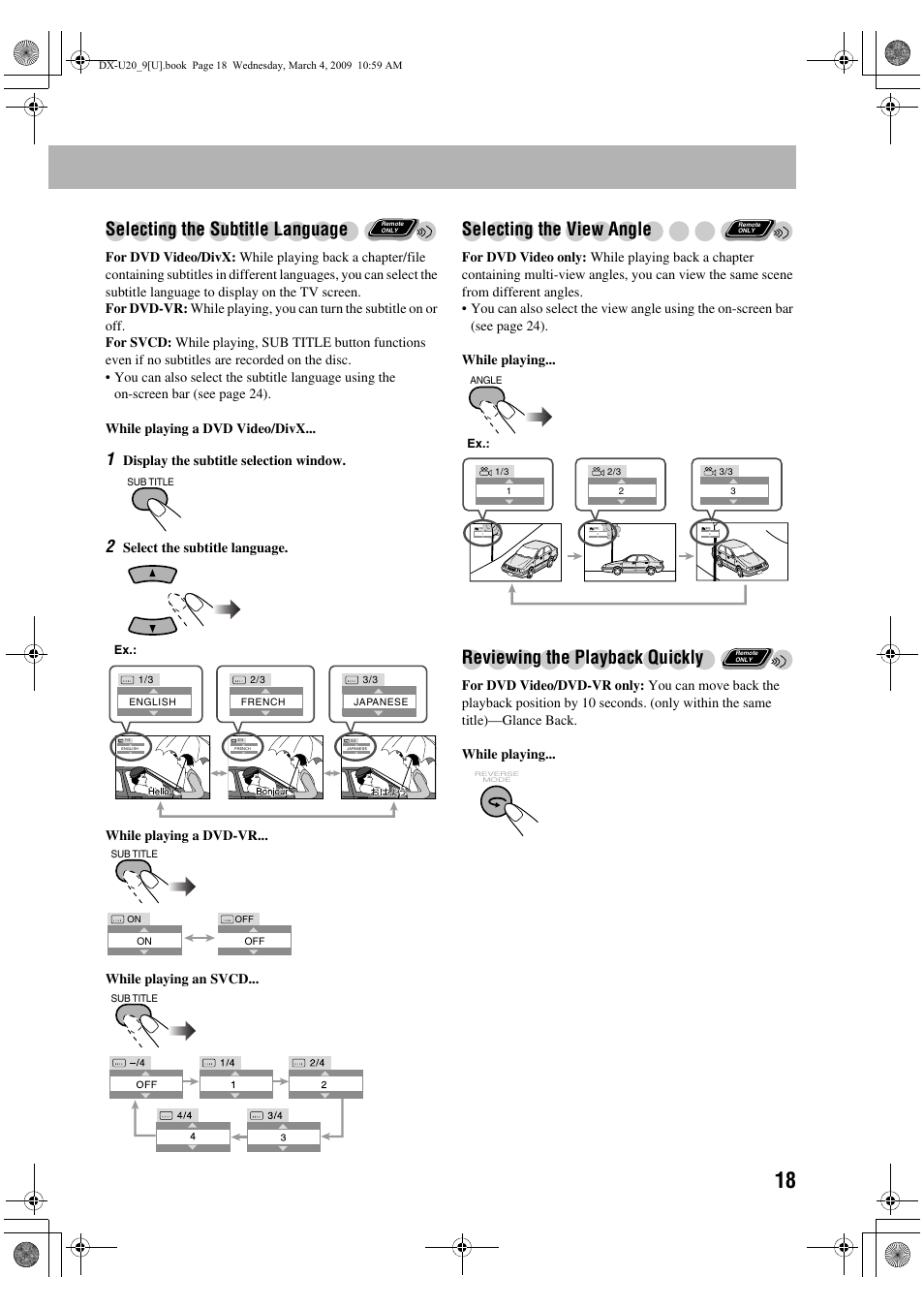 Selecting the subtitle language, Selecting the view angle, Reviewing the playback quickly | Display the subtitle selection window | JVC CA-DXU20 User Manual | Page 21 / 60