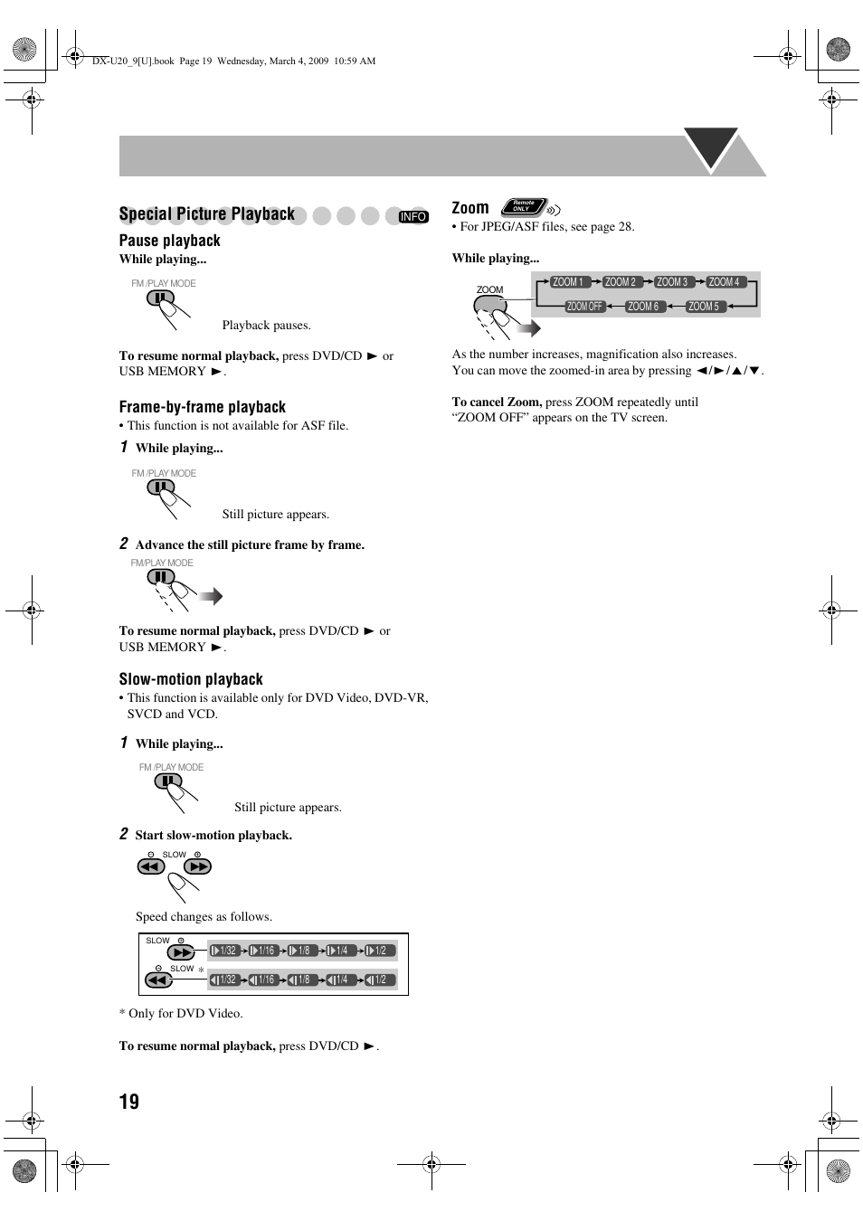 Special picture playback, Pause playback, Frame-by-frame playback | Slow-motion playback | JVC CA-DXU20 User Manual | Page 22 / 60