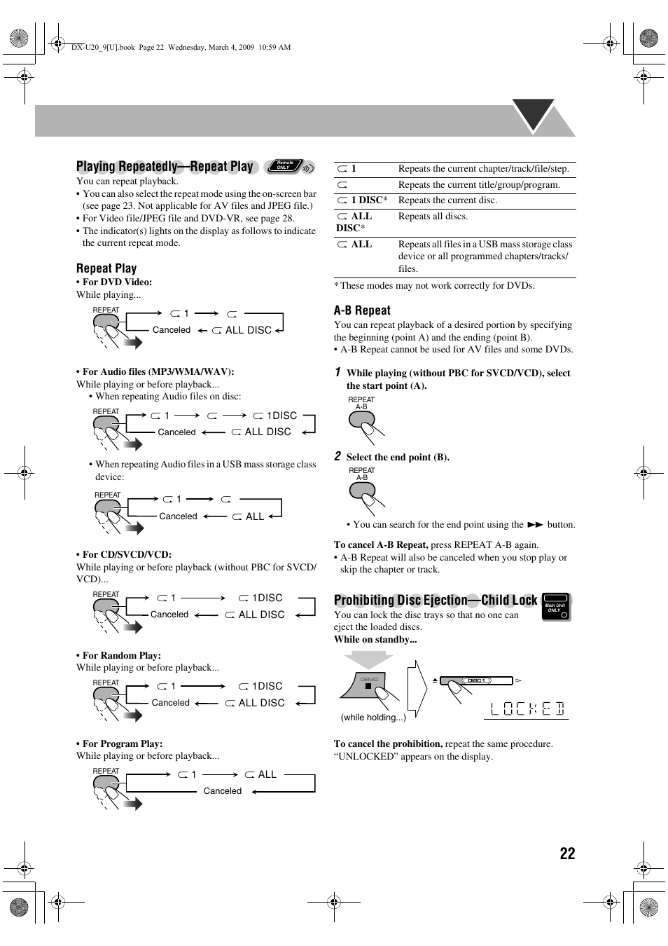 Playing repeatedly—repeat play, Prohibiting disc ejection—child lock, Repeat play | A-b repeat | JVC CA-DXU20 User Manual | Page 25 / 60