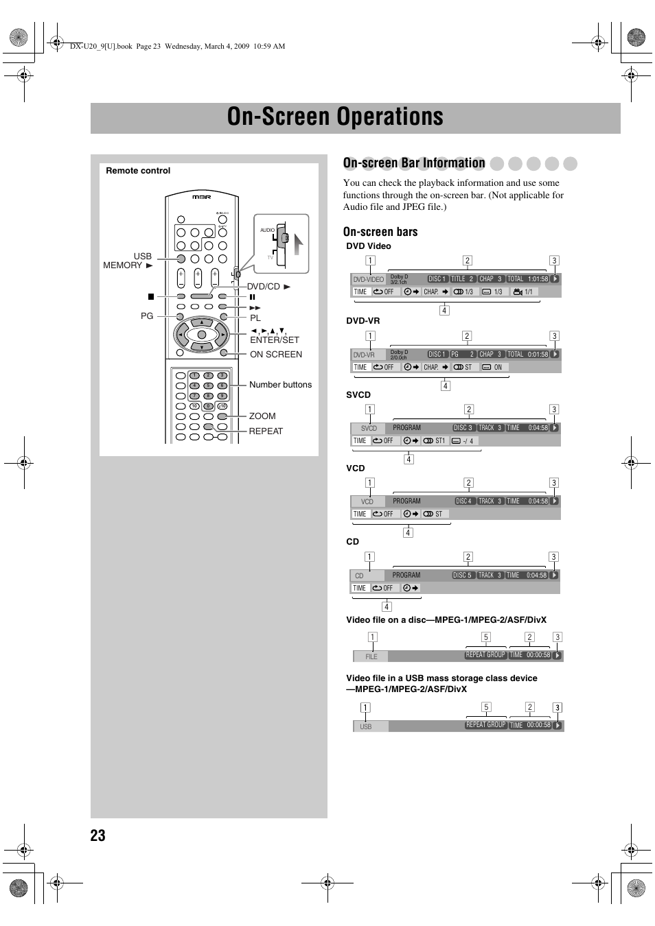 On-screen operations, On-screen bar information, On-screen bars | JVC CA-DXU20 User Manual | Page 26 / 60