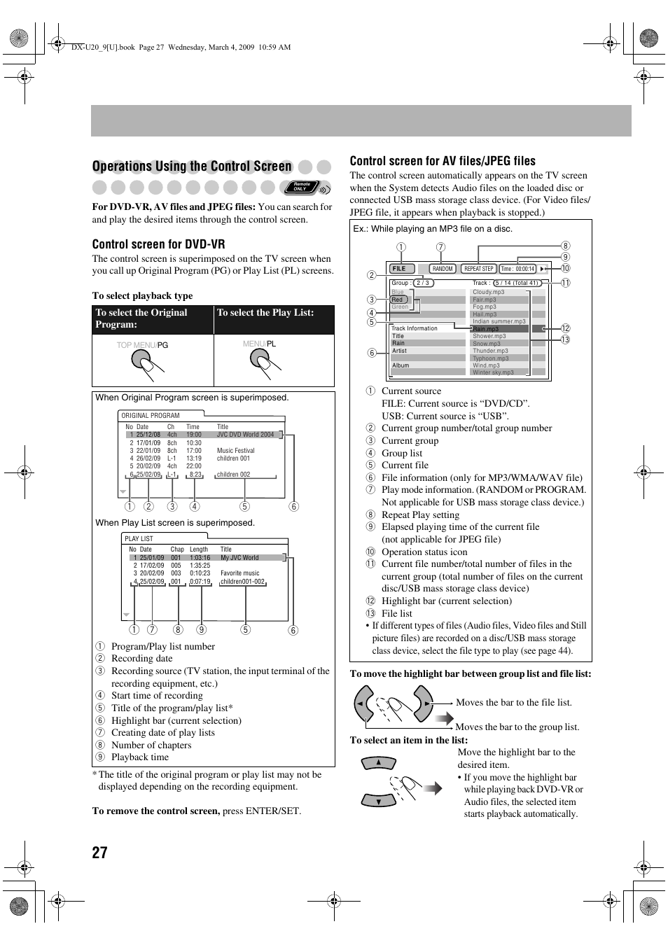 Operations using the control screen, Control screen for dvd-vr, Control screen for av files/jpeg files | JVC CA-DXU20 User Manual | Page 30 / 60