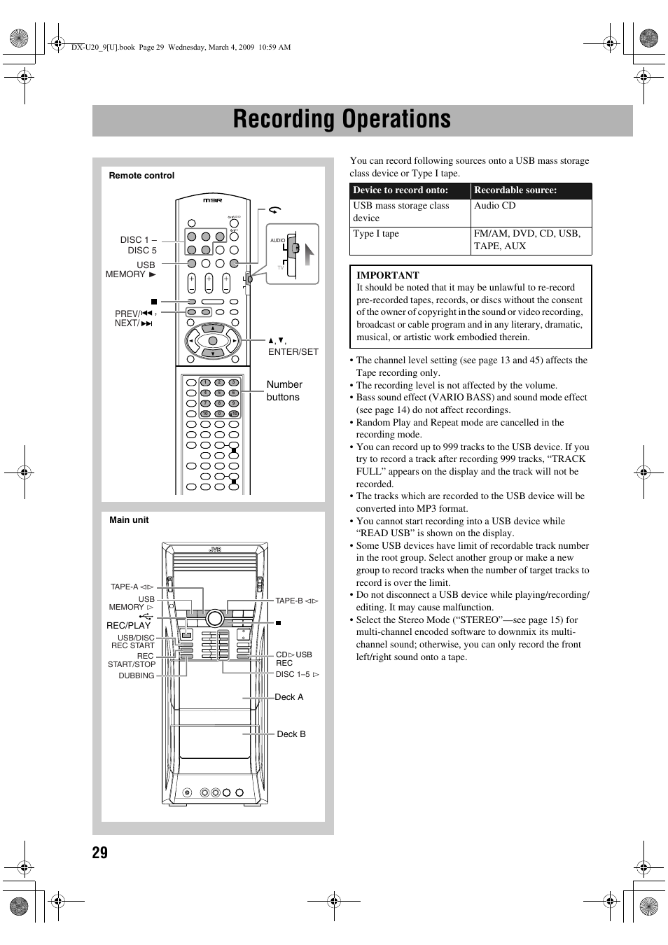 Recording operations | JVC CA-DXU20 User Manual | Page 32 / 60