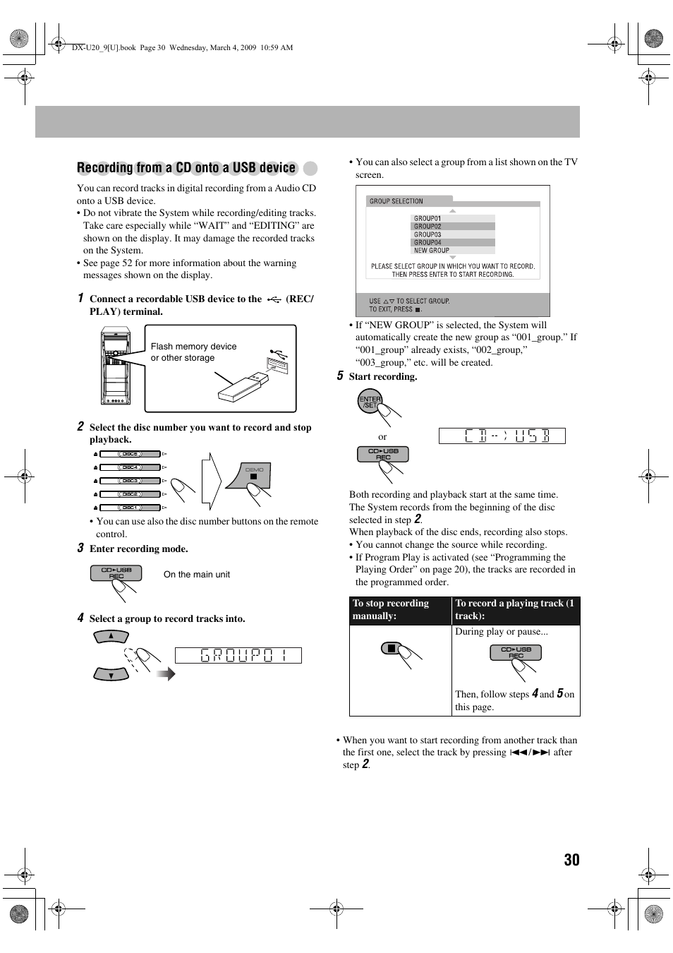 Recording from a cd onto a usb device | JVC CA-DXU20 User Manual | Page 33 / 60