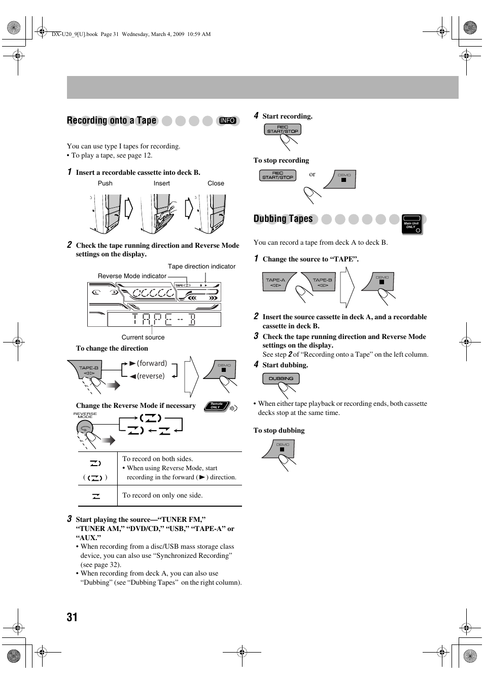 Recording onto a tape, Dubbing tapes | JVC CA-DXU20 User Manual | Page 34 / 60