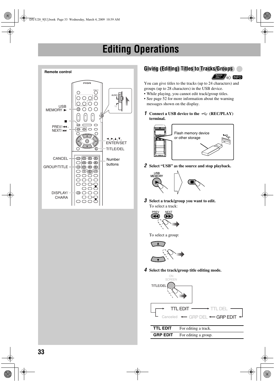 Editing operations, Giving (editing) titles to tracks/groups, Ttl edit ttl del grp del grp edit | JVC CA-DXU20 User Manual | Page 36 / 60