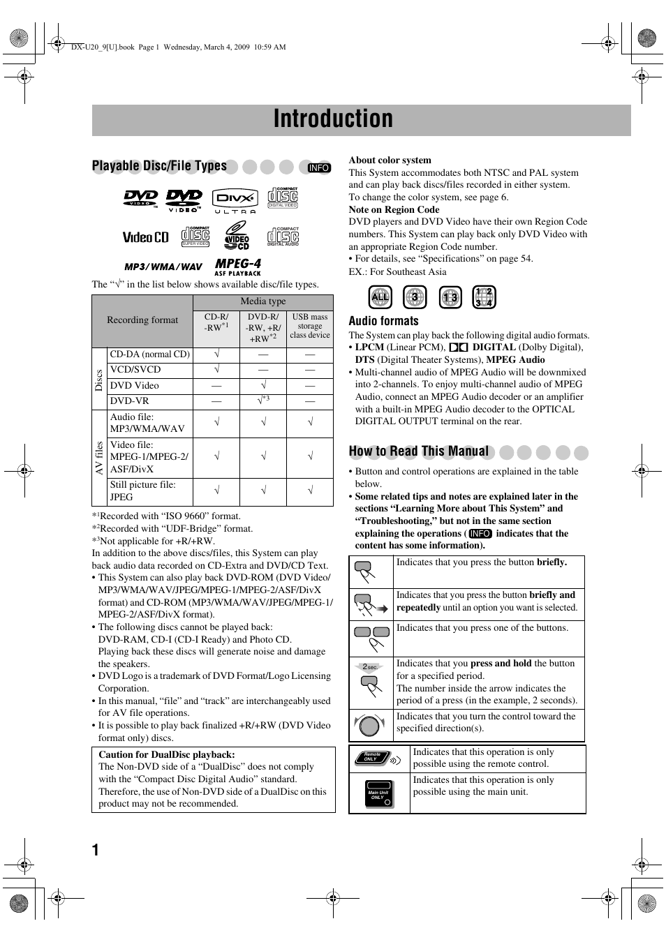 Introduction, Playable disc/file types, How to read this manual | Audio formats | JVC CA-DXU20 User Manual | Page 4 / 60