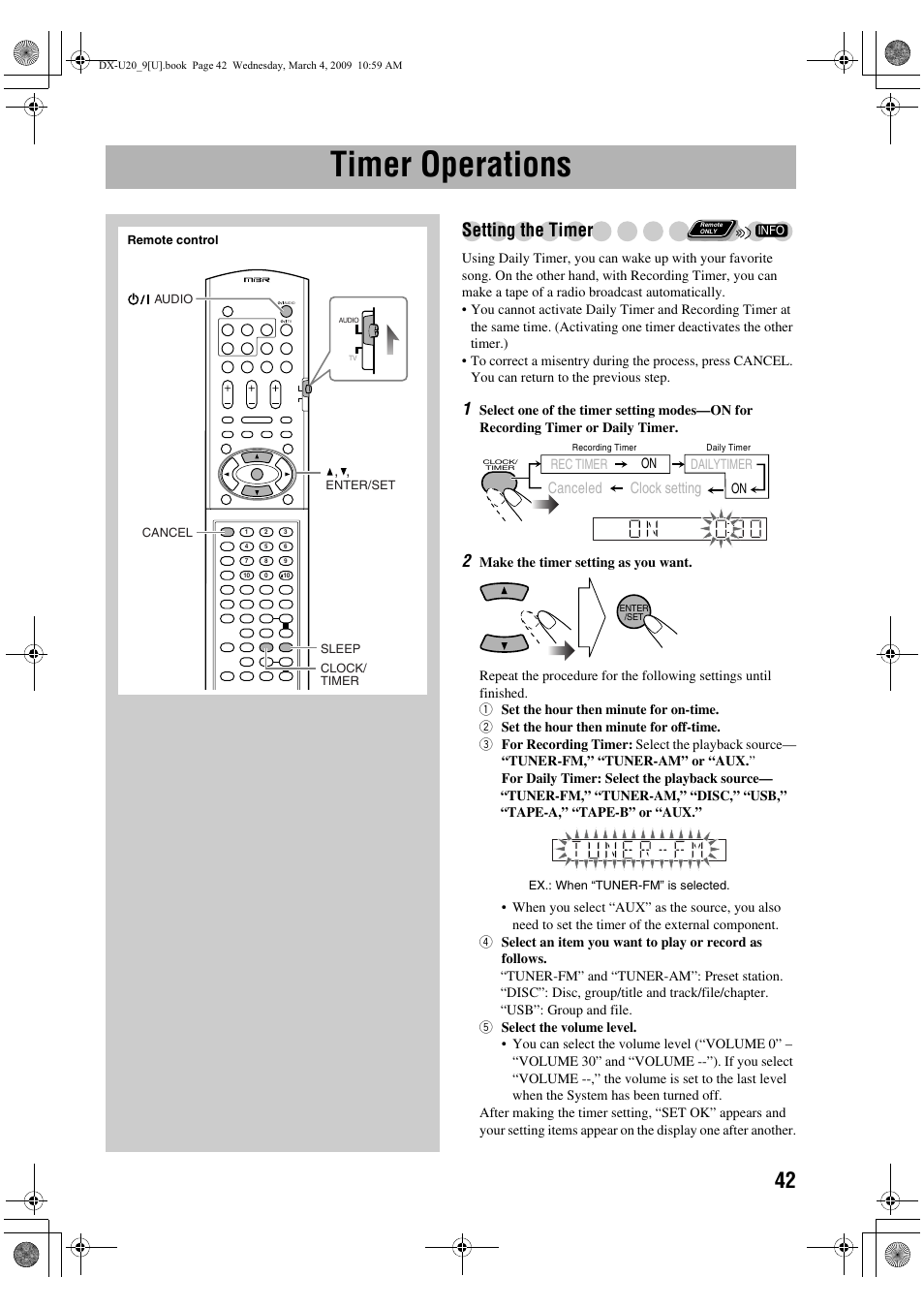 Timer operations, Setting the timer, Clock setting canceled | JVC CA-DXU20 User Manual | Page 45 / 60