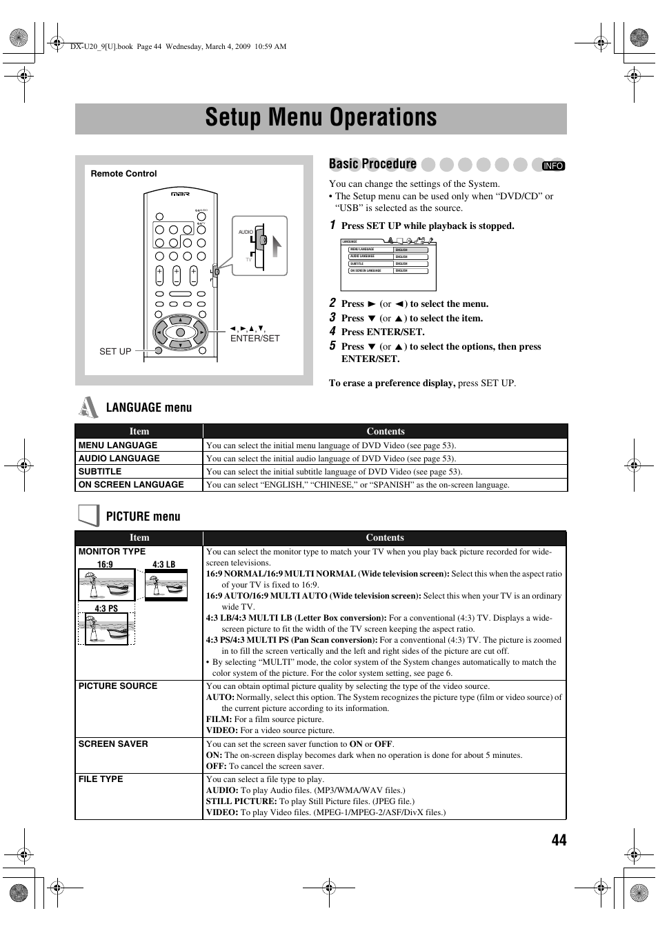 Setup menu operations, Basic procedure, Language menu picture menu | JVC CA-DXU20 User Manual | Page 47 / 60