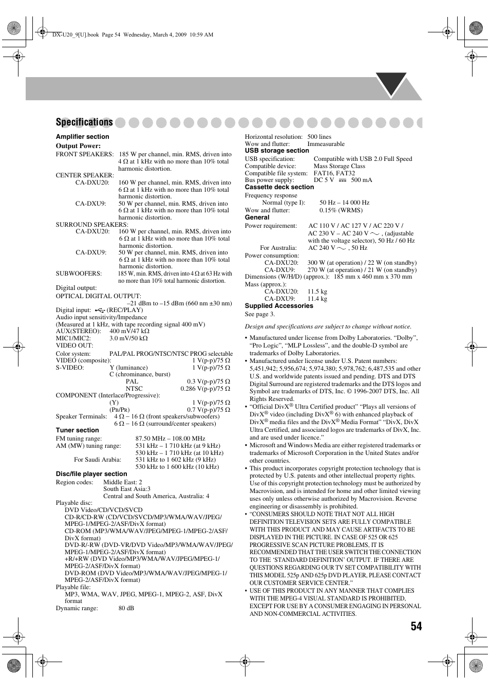 Specifications | JVC CA-DXU20 User Manual | Page 57 / 60