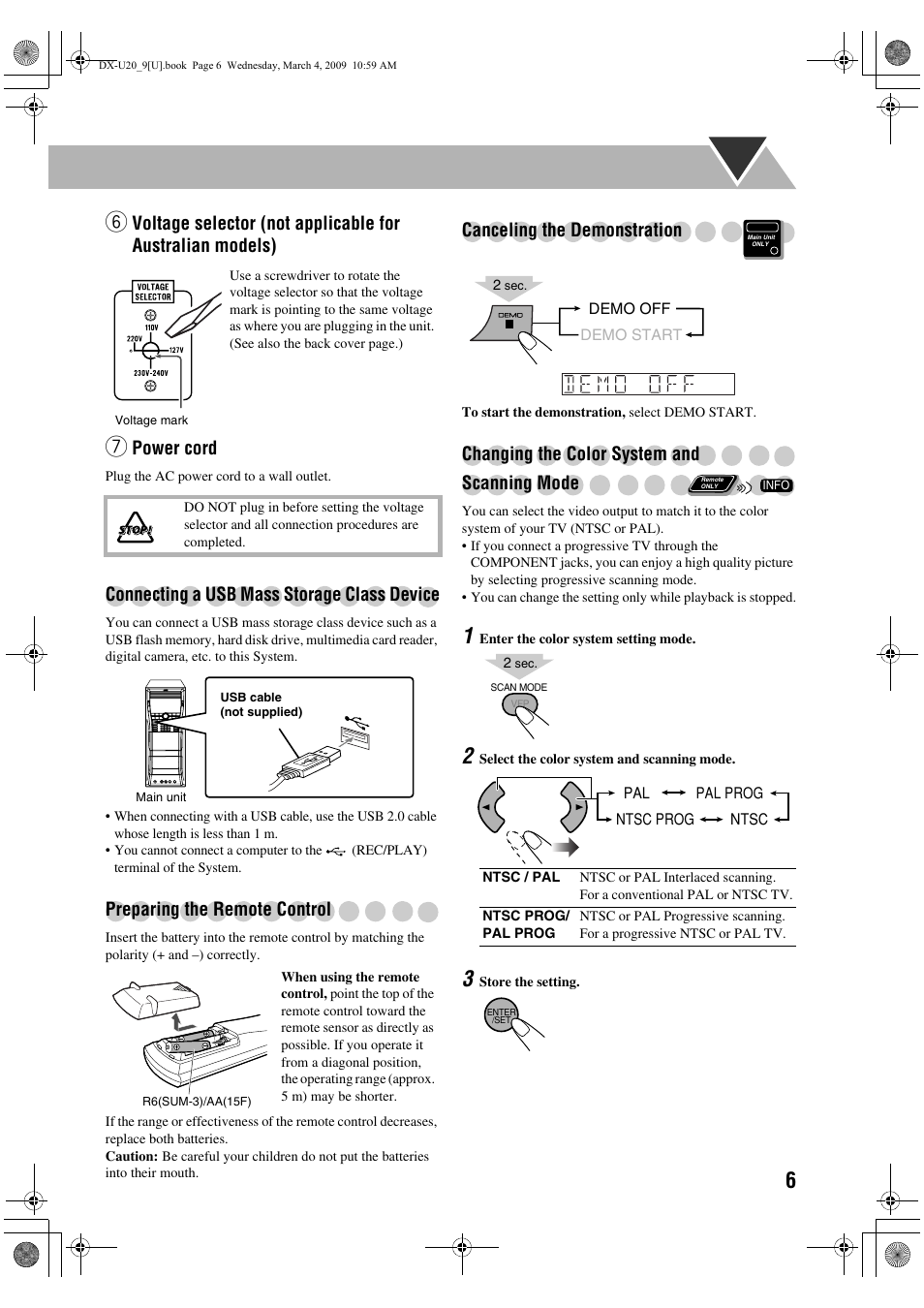 Power cord, Connecting a usb mass storage class device, Preparing the remote control | Canceling the demonstration, Changing the color system and scanning mode | JVC CA-DXU20 User Manual | Page 9 / 60