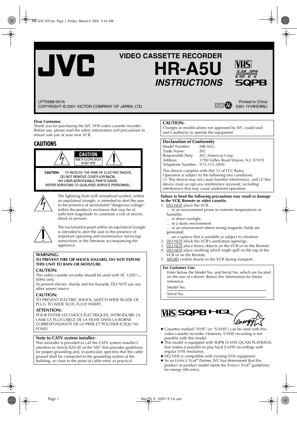 JVC HR-A5U User Manual | 16 pages