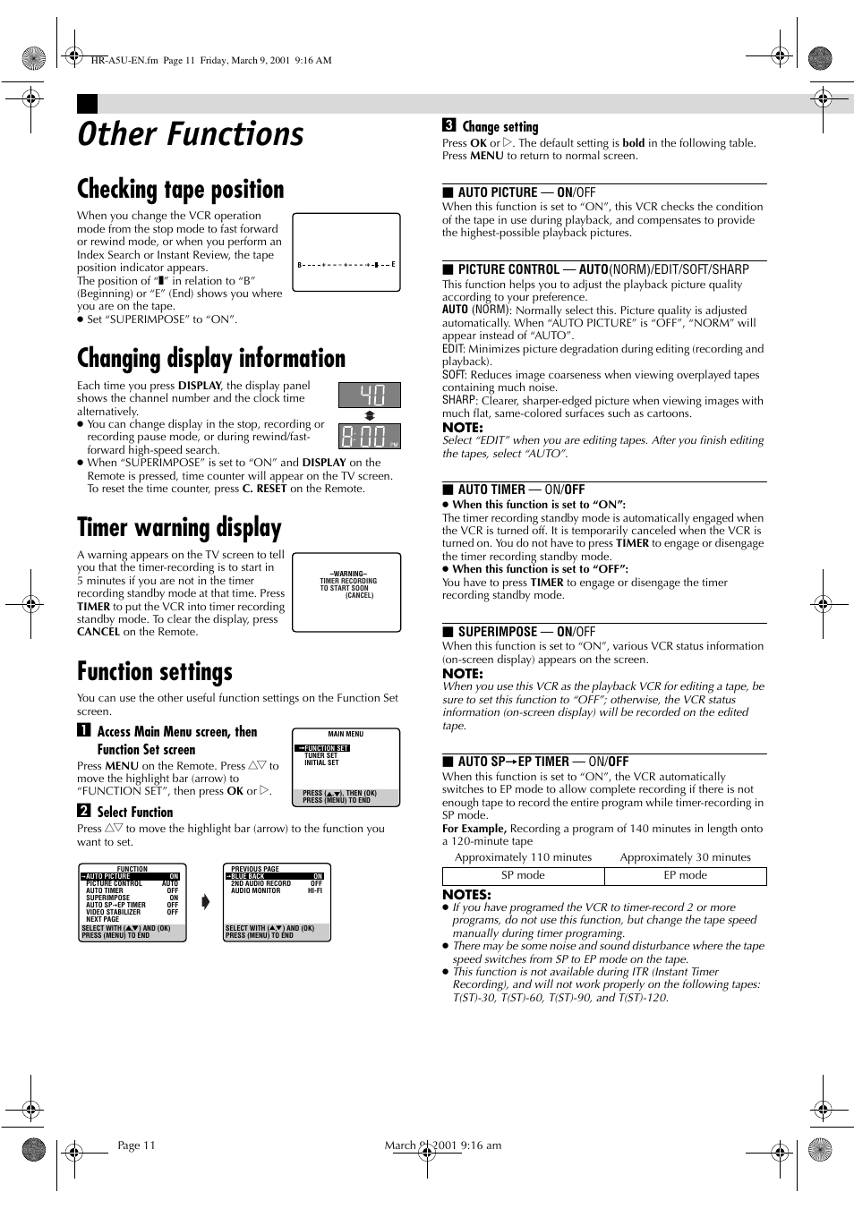 Other functions, Checking tape position, Changing display information | Timer warning display, Function settings | JVC HR-A5U User Manual | Page 11 / 16