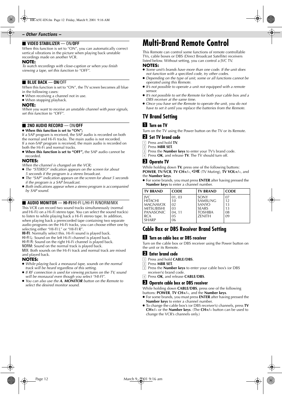 Multi-brand remote control, Tv brand setting a, Cable box or dbs receiver brand setting a | JVC HR-A5U User Manual | Page 12 / 16