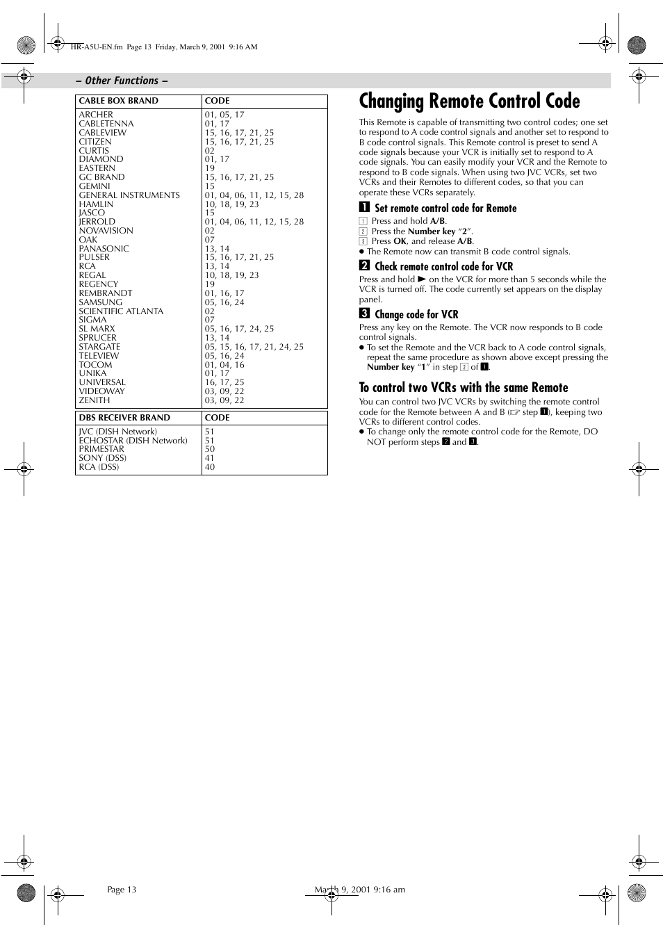 Changing remote control code | JVC HR-A5U User Manual | Page 13 / 16