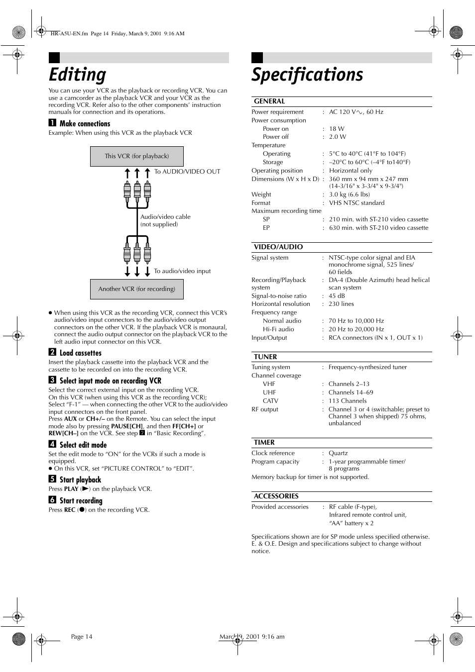 Editing, Specifications | JVC HR-A5U User Manual | Page 14 / 16