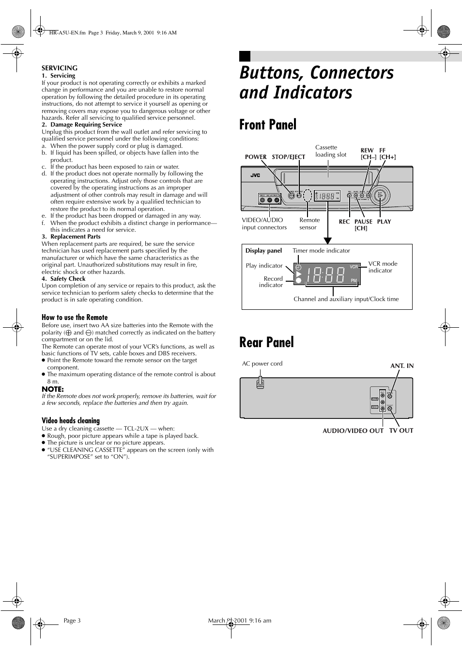 Buttons, connectors and indicators, Front panel rear panel | JVC HR-A5U User Manual | Page 3 / 16