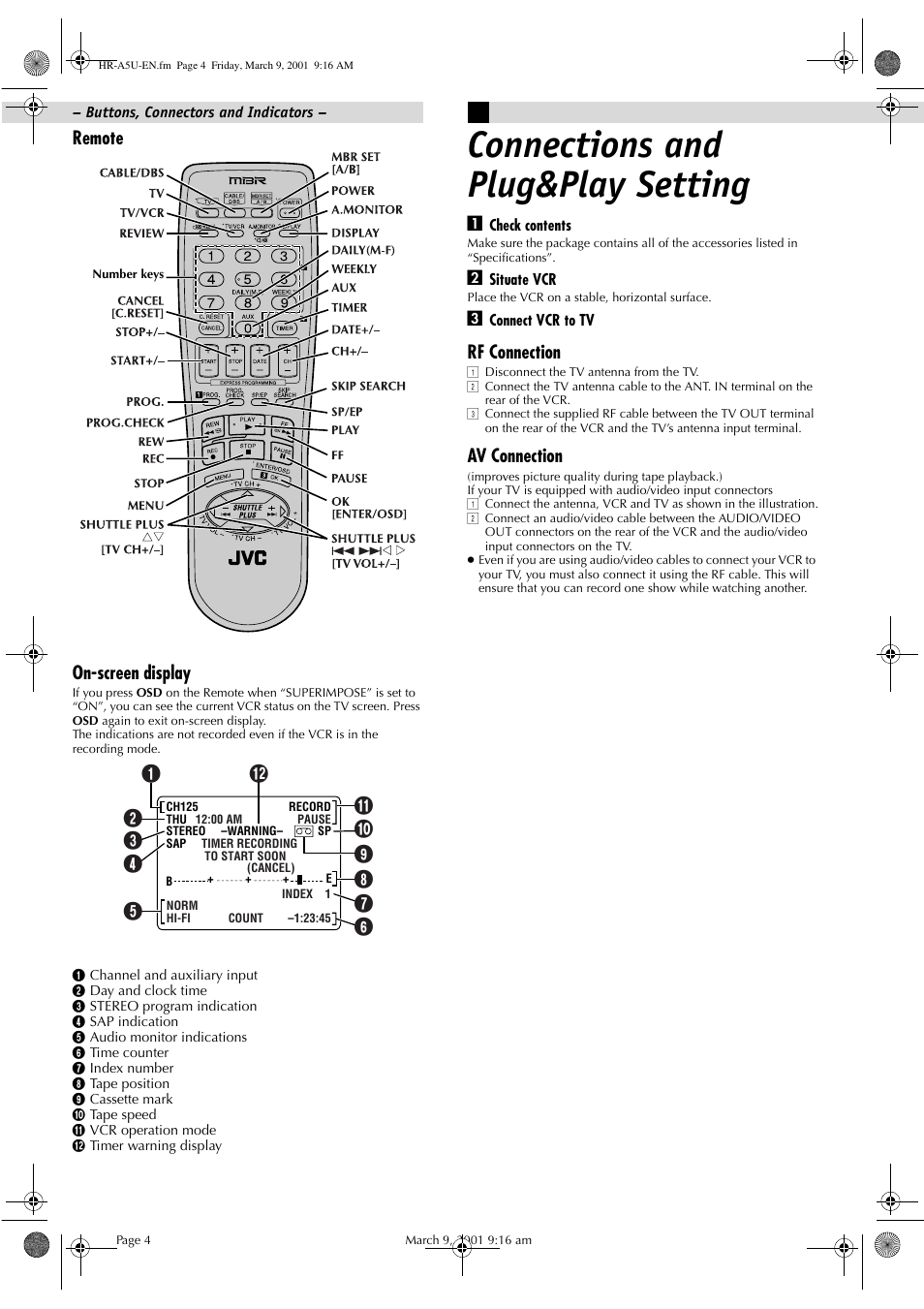 Connections and plug&play setting, Remote on-screen display, Rf connection | Av connection | JVC HR-A5U User Manual | Page 4 / 16