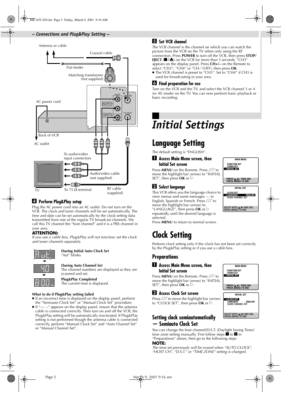 Initial settings, Language setting, Clock setting | Preparations a | JVC HR-A5U User Manual | Page 5 / 16