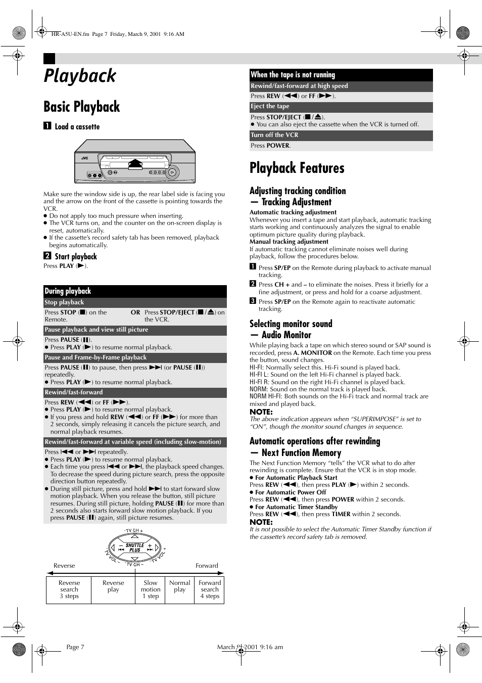 Playback, Basic playback, Playback features | Adjusting tracking condition — tracking adjustment, Selecting monitor sound — audio monitor | JVC HR-A5U User Manual | Page 7 / 16