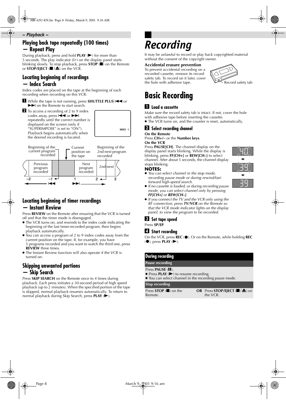 Recording, Basic recording, Locating beginning of recordings — index search | Skipping unwanted portions — skip search | JVC HR-A5U User Manual | Page 8 / 16