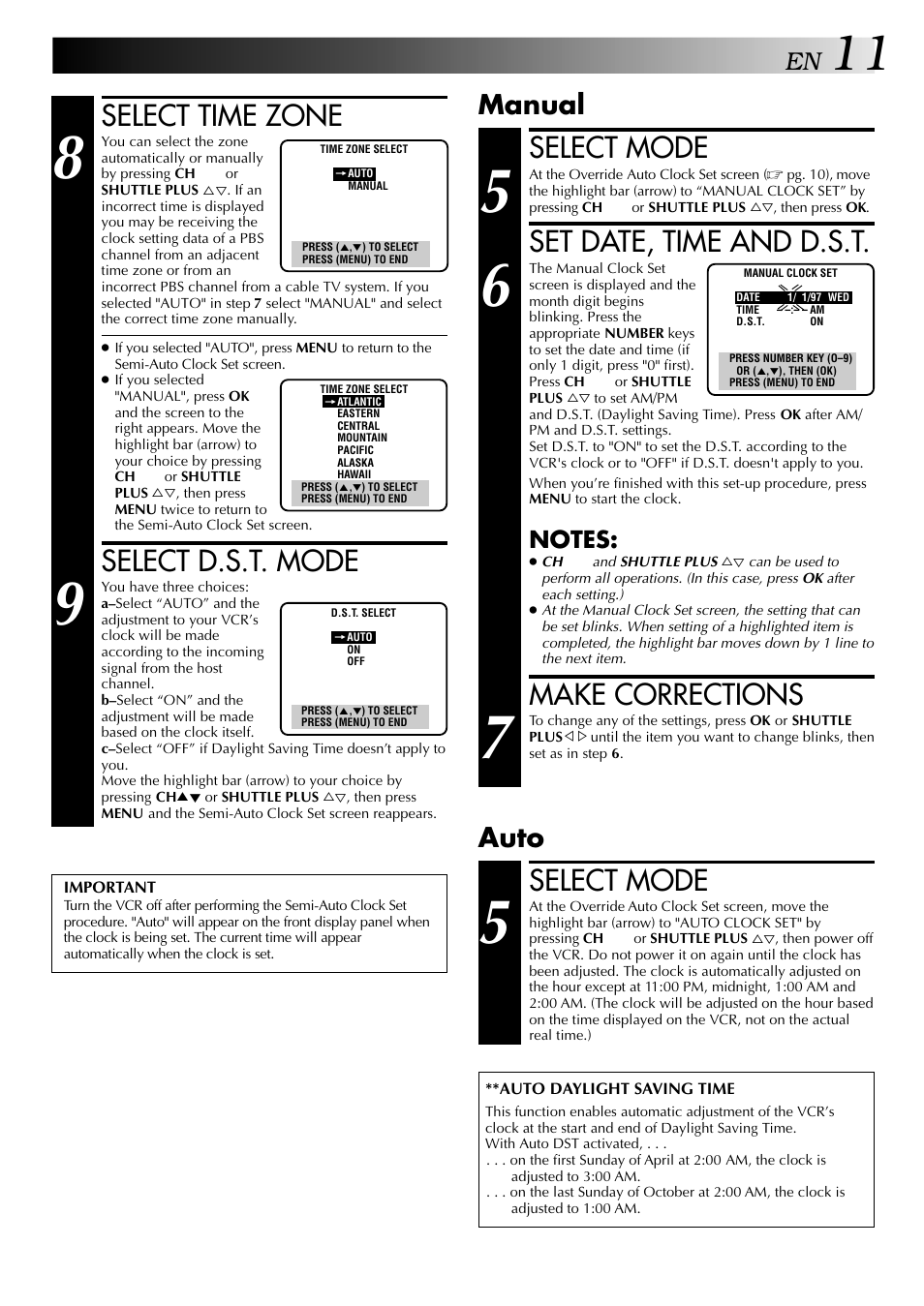 Select mode, Set date, time and d.s.t, Make corrections | Select time zone, Select d.s.t. mode, Manual, Auto | JVC HR-J440U User Manual | Page 11 / 48