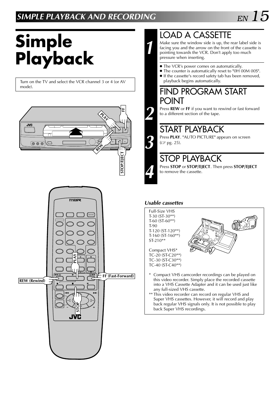 Simple playback, Load a cassette, Find program start point | Start playback, Stop playback, Simple playback and recording | JVC HR-J440U User Manual | Page 15 / 48