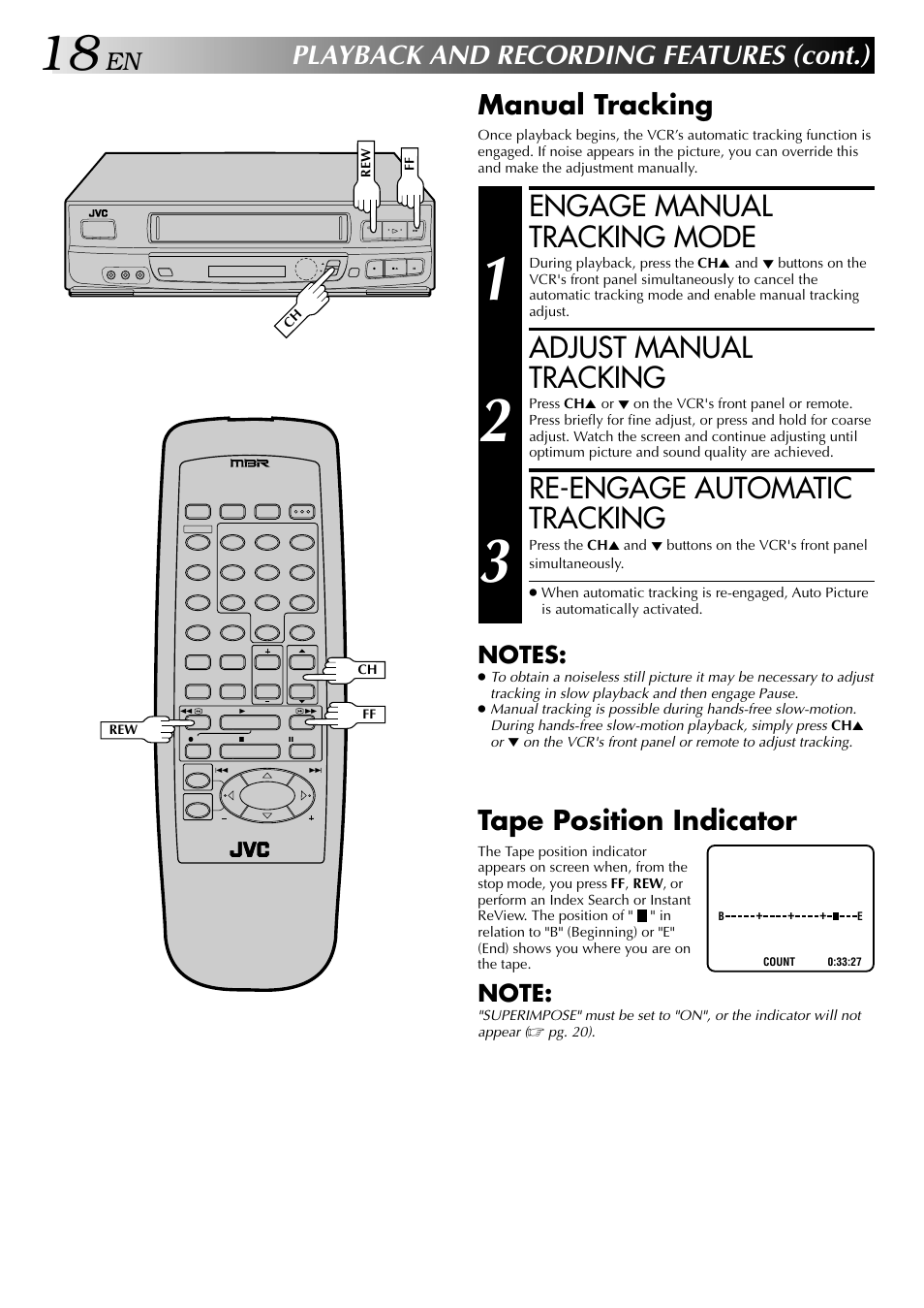 Engage manual tracking mode, Adjust manual tracking, Re-engage automatic tracking | Playback and recording features (cont.), Manual tracking, Tape position indicator | JVC HR-J440U User Manual | Page 18 / 48