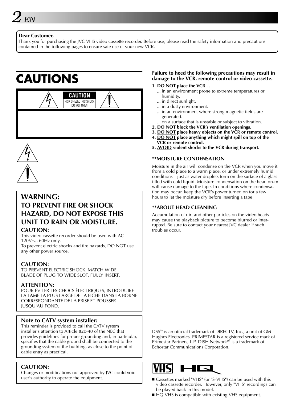 Cautions, Warning | JVC HR-J440U User Manual | Page 2 / 48