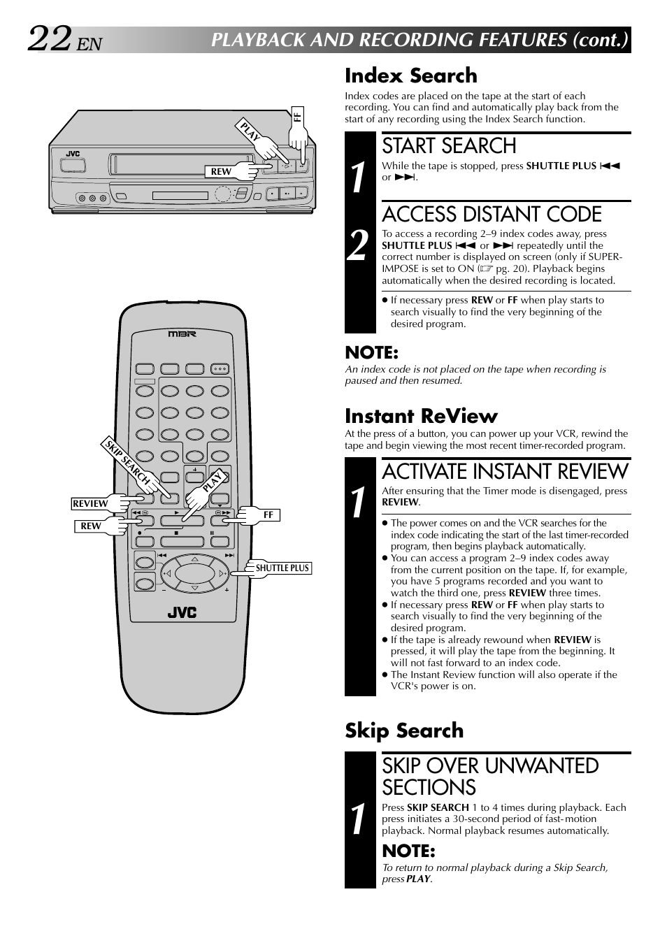 Start search, Access distant code, Activate instant review | Playback and recording features (cont.), Index search, Instant review, Skip search | JVC HR-J440U User Manual | Page 22 / 48