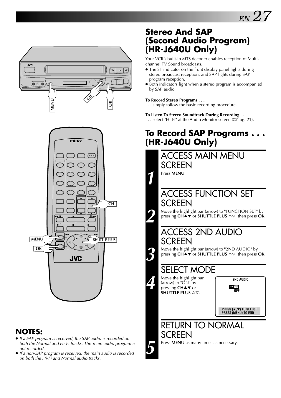 Access main menu screen, Access function set screen, Access 2nd audio screen | Select mode, Return to normal screen | JVC HR-J440U User Manual | Page 27 / 48