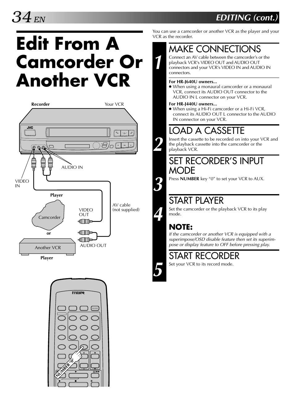 Edit from a camcorder or another vcr, Make connections, Load a cassette | Set recorder’s input mode, Start player, Start recorder, Editing (cont.) | JVC HR-J440U User Manual | Page 34 / 48