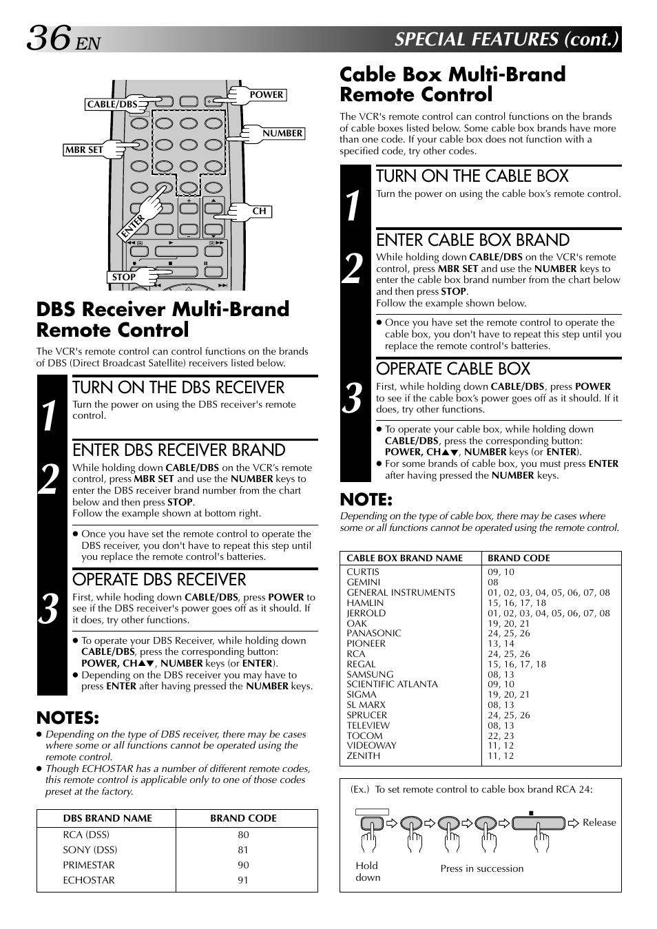 Special features (cont.), Cable box multi-brand remote control, Dbs receiver multi-brand remote control | Turn on the cable box, Enter cable box brand, Operate cable box, Turn on the dbs receiver, Enter dbs receiver brand, Operate dbs receiver | JVC HR-J440U User Manual | Page 36 / 48