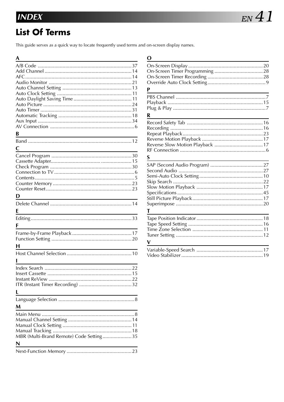 Index, List of terms | JVC HR-J440U User Manual | Page 41 / 48