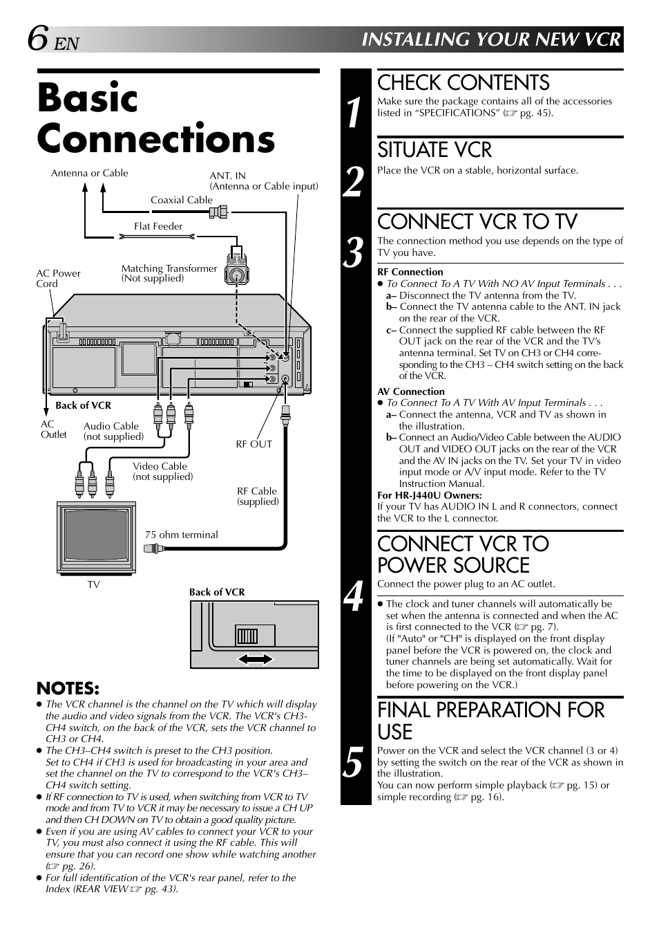Basic connections, Check contents, Situate vcr | Connect vcr to tv, Connect vcr to power source, Final preparation for use, Installing your new vcr | JVC HR-J440U User Manual | Page 6 / 48