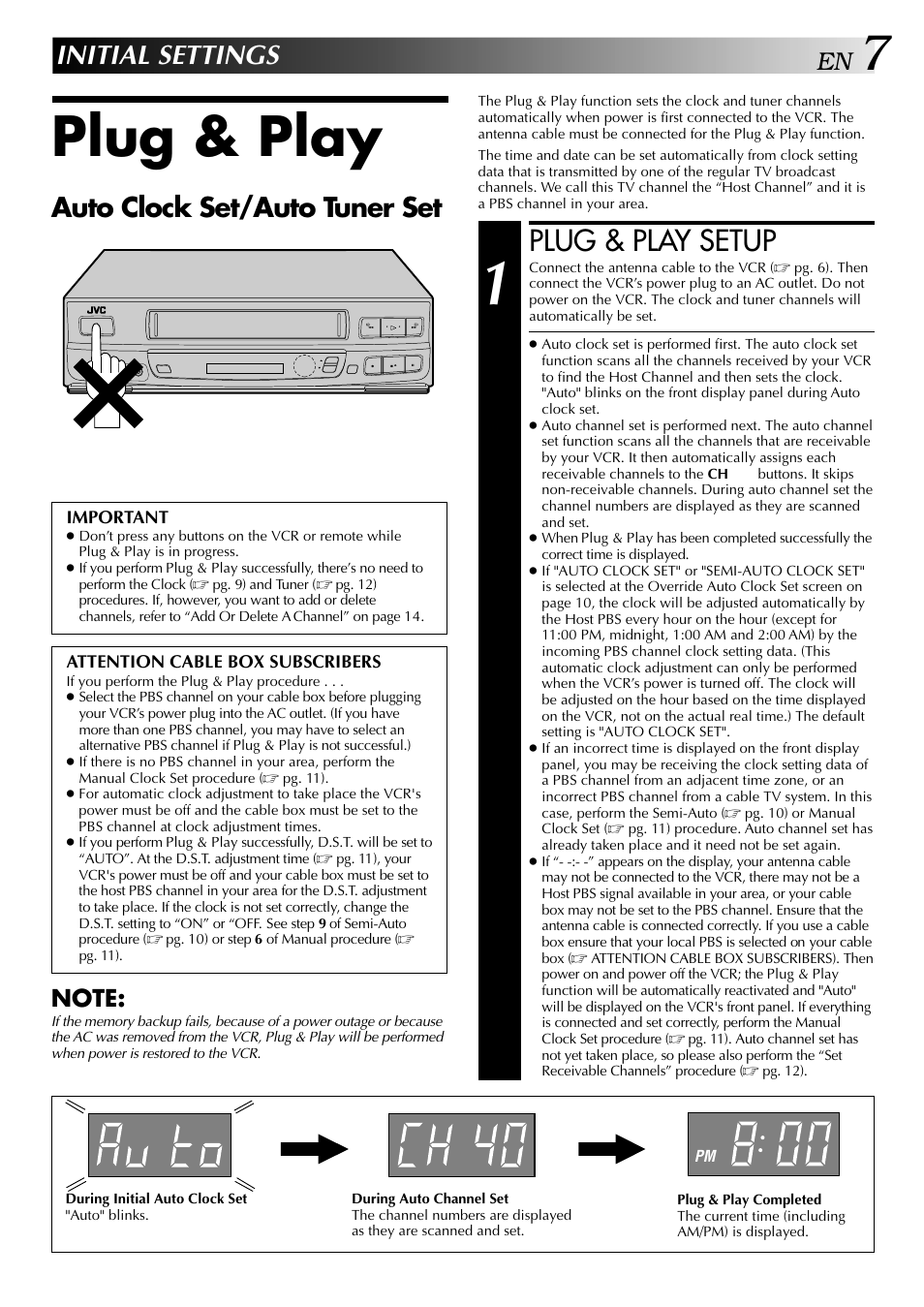 Plug & play, Plug & play setup, Initial settings | Auto clock set/auto tuner set | JVC HR-J440U User Manual | Page 7 / 48