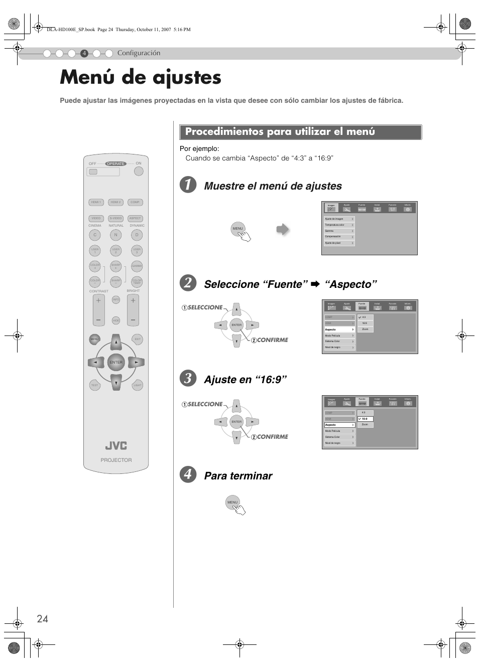 Configuración, Menú de ajustes, Procedimientos para utilizar el menú | Muestre el menú de ajustes, Seleccione “fuente” g “aspecto, Ajuste en “16:9, Para terminar | JVC LCT2374-001A User Manual | Page 132 / 162