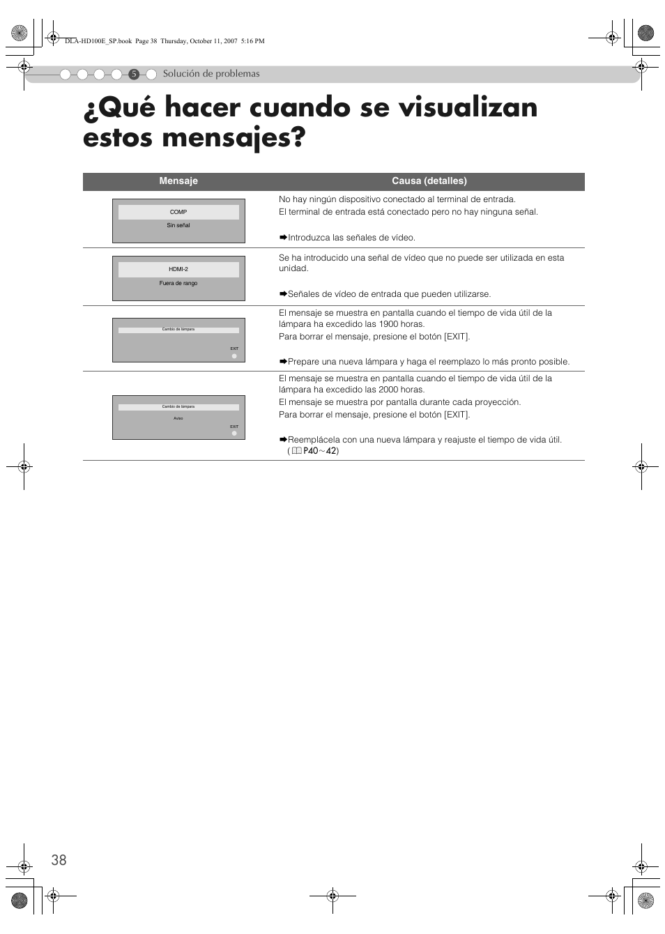 Qué hacer cuando se visualizan estos mensajes, Qué hacer cuando se visualizan, Estos mensajes | JVC LCT2374-001A User Manual | Page 146 / 162