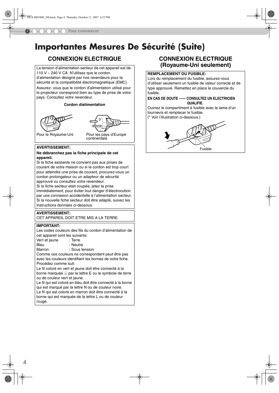 Importantes mesures de sécurité (suite), Connexion electrique, Connexion electrique (royaume-uni seulement) | JVC LCT2374-001A User Manual | Page 58 / 162